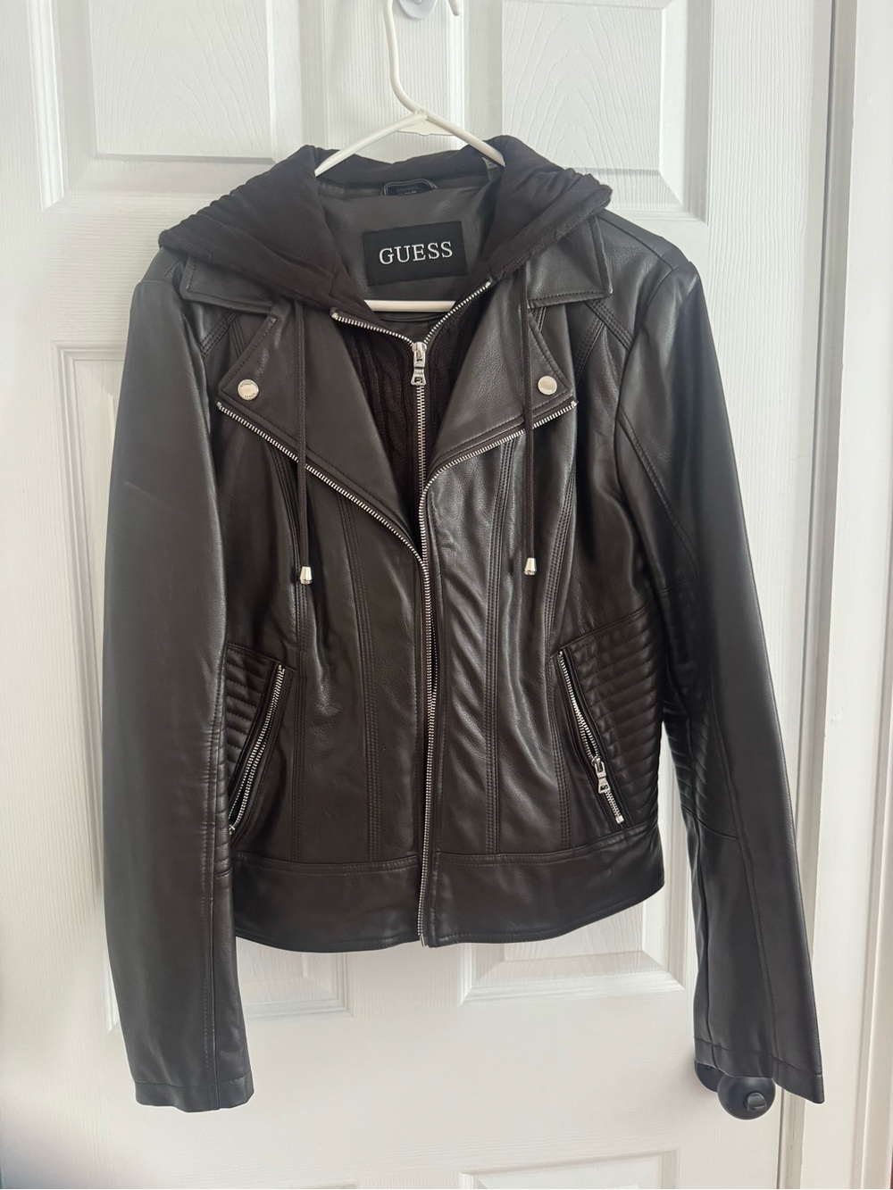 GUESS Women's Dark Brown Leather Moto Jacket with Hood